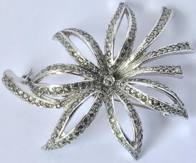 vintage silver toned marcasite flower brooch